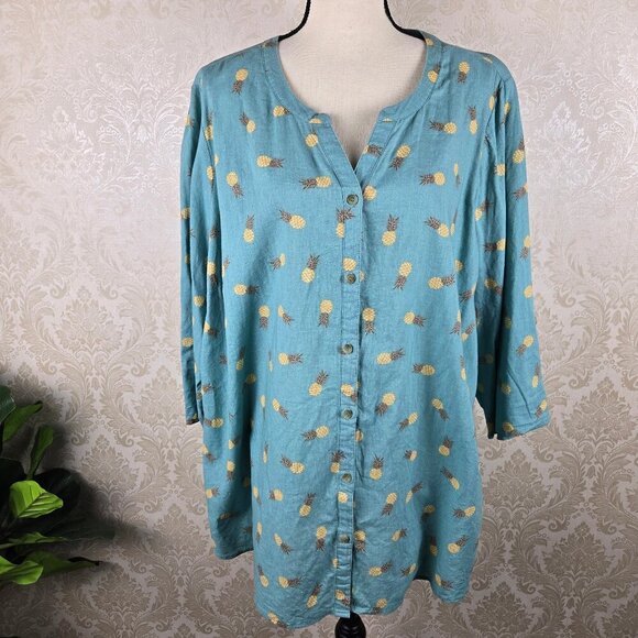 Catherine's Size 1X 18/20W Green Button Up Blouse Pineapple Print 3/4 Sleeves - Picture 1 of 11